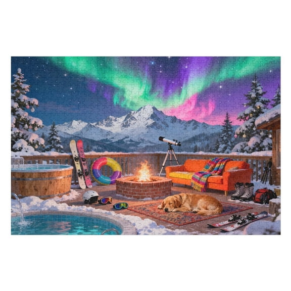 1000 Piece Jigsaw Puzzle for Adults Northern Lights Lounge Cabin Scene, Large Piece Scenic Puzzle for Seniors, Challenging Family Activity, Perfect for Home Decor 30x20 in