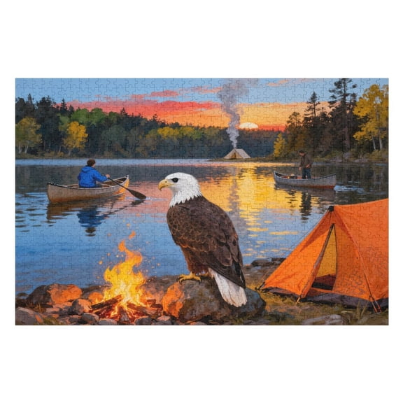 1000 Piece Jigsaw Puzzle for Adults Peaceful Lake Sunset Puzzle, Soaring Eagles and Campfire Scene, Relaxing Nature Landscape Puzzle, Gift for Family Game Night or Wall Display