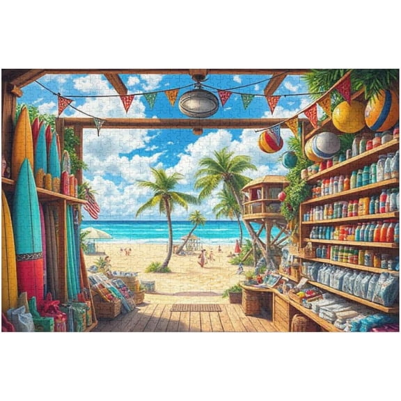 1000 Piece Jigsaw Puzzle for Adults Seaside Surf Shop Scene Fun and Challenging Puzzle Game, Unique Beach Artwork, Gift for Adults, Home Decor, Family Entertainment Finished Size 30x20 in