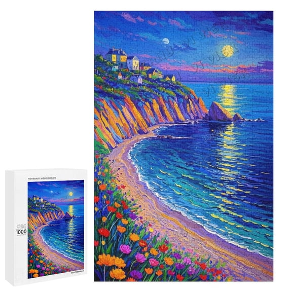 1000 Piece Jigsaw Puzzle for Adults Wooden Beautiful Seaside Night View Puzzle | Challenging Coastal Beach Scene | Relaxing Brain Teaser | Precision Cut Pieces | 30" x 20"