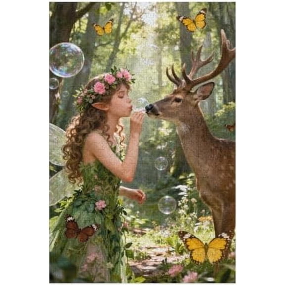 1000 Piece Jigsaw Puzzle, Elf and Deer Fairy Angel Forest Scene, DIY Craft Puzzle, Family Activity Home Wall Decor Gift, 30"x20"