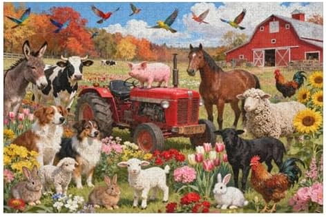 1000 Piece Jigsaw Puzzle, Funny Farm Fall Autumn Animal Scene, Colorful ...