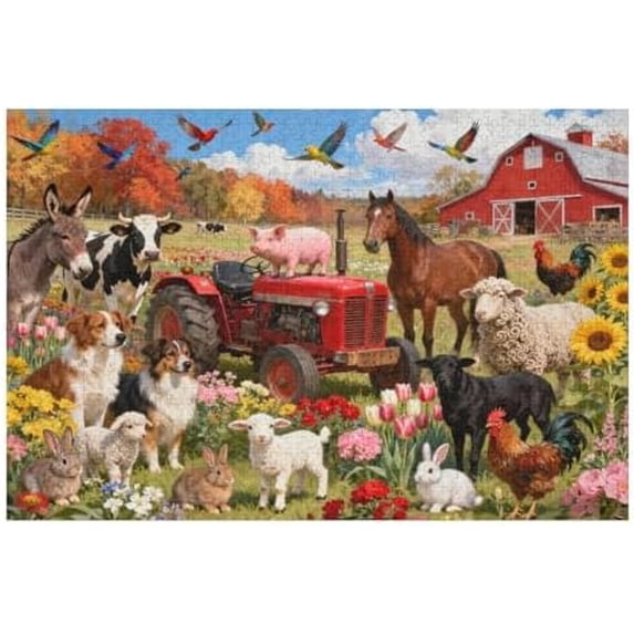 1000 Piece Jigsaw Puzzle, Funny Farm Fall Autumn Animal Scene, Colorful ...