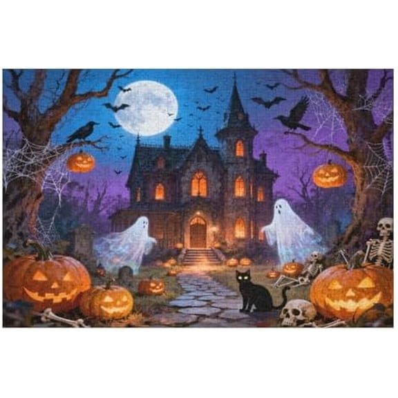 1000 Piece Jigsaw Puzzle, Halloween House Moonlight Haunted Mansion, Pumpkins Ghosts Thick Sturdy Pieces, Family Activity Gift, 30" x 20"