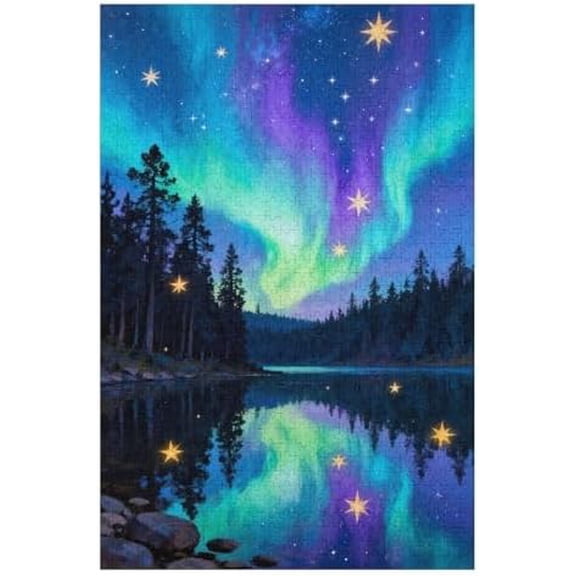 1000 Piece Jigsaw Puzzle, Magic Northern Lights Nature Fantasy Landscape, Tree Star and Aurora Scene, Challenging Family Game Night for Adults, 30" x 20"
