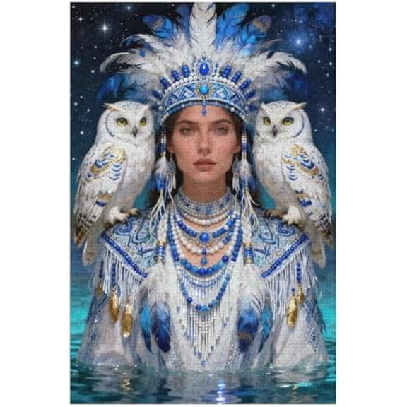 1000 Piece Jigsaw Puzzle, Owl Fantasy Winter Theme, Mystical Snowy Owls Tribal Art, Challenging Puzzle for Adults Family Game Night, 30" x 20"