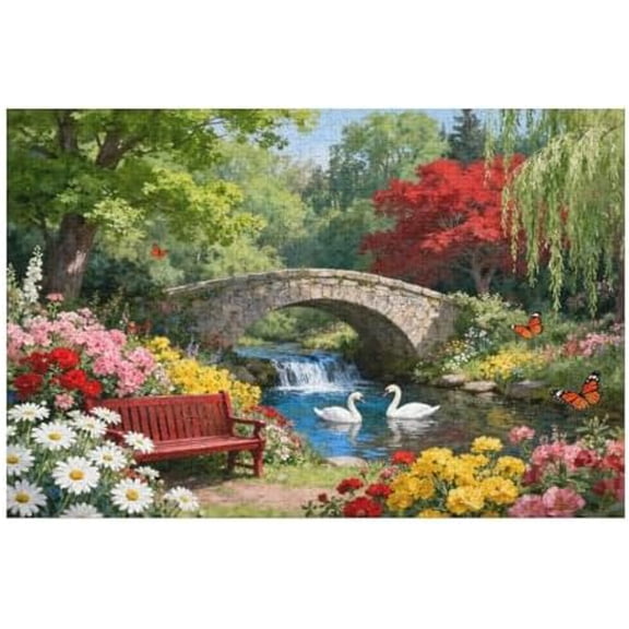 1000 Piece Jigsaw Puzzle, Riverside Animal Spring Flower Landscape, Perfect Interlock Letters on Back, Family Activity Game Night Gift Puzzle, 30" x 20"
