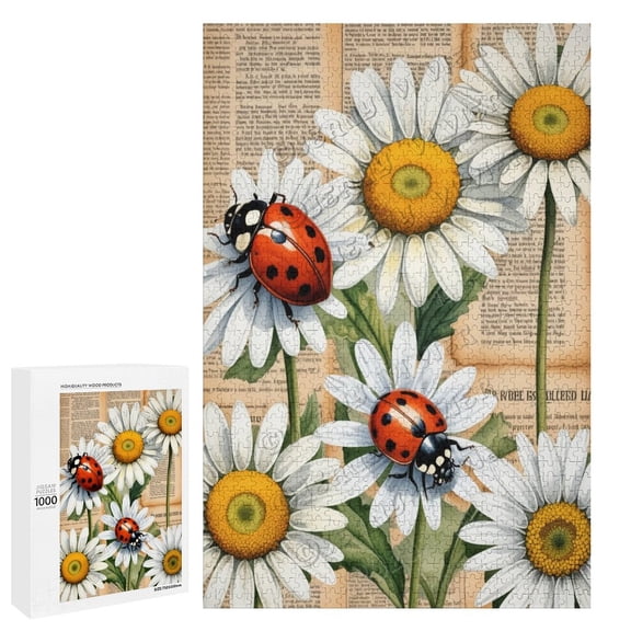 1000 Piece Jigsaw Puzzle  Vintage Ladybug and Daisy Decor | Fun Puzzle for Nature Lovers | Ideal for Relaxation and Gifting