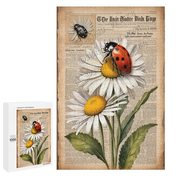 1000 Piece Jigsaw Puzzle  Vintage Ladybug with Daisy Flowers | Fun Puzzle for Nature Lovers | Ideal for Relaxation