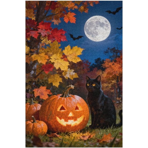 1000 Piece Jigsaw Puzzle for Adults Midnight Halloween Black Cat Pumpkin Jack - O - Lantern Full Moon Jigsaw Puzzle, Completed Size 30x20 in