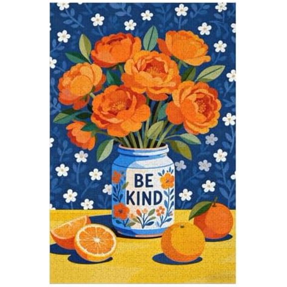 1000 Piece Jigsaw Puzzle for Adults Retro Orange Flowers in Tin, Colorful Vintage Art Puzzle for Adults, Fun Family Activity, 30x20 in