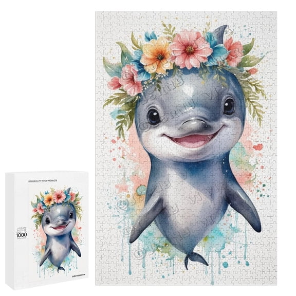 1000 Piece Jigsaw Puzzles for Adults - Wood Puzzles - Watercolor Dolphin Family Challenging Puzzle Games Gift Unique Brain Teaser for Puzzle Enthusiasts