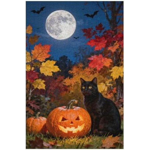1000 Piece Midnight Halloween Black Cat Jigsaw Puzzle for Adults, 30x20 in Pumpkin Jack-O-Lantern Full Moon Theme, Spooky Fun for Holiday Decor & Family Game Nights