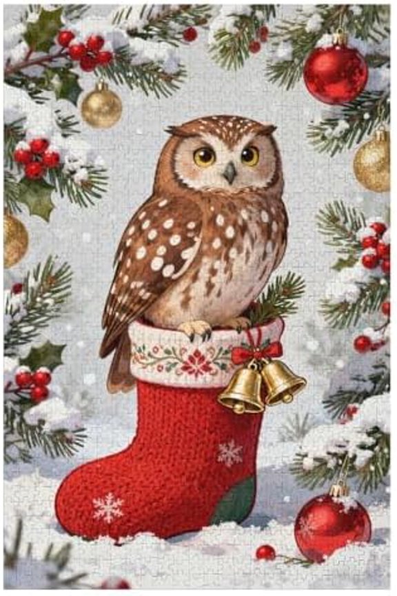 1000 Piece Owl in Christmas Holiday Fun Brain Challenge Puzzle for Adults, 30x20 in – Cozy Winter Evening with Family and Seasonal Relaxation