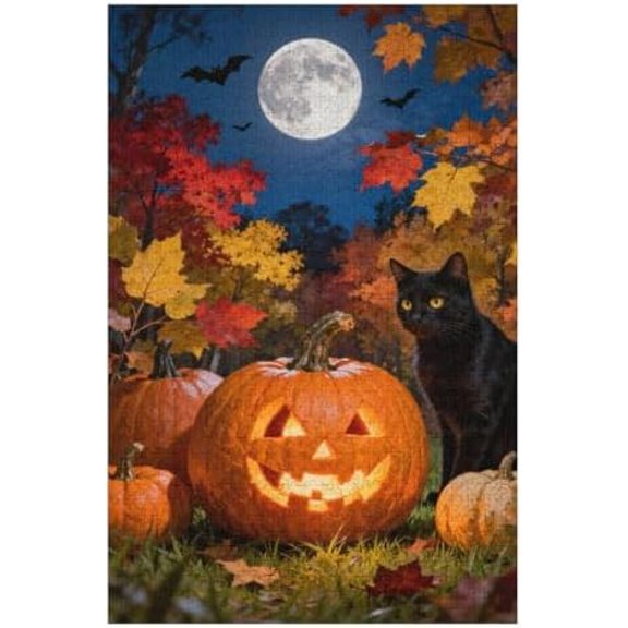 1000 Piece Puzzle for Adults, Midnight Halloween Black Cat with Pumpkin Jack-O-Lantern Jigsaw Puzzle, Full Moon Artwork, Family Activity, Brain-Challenging Puzzle
