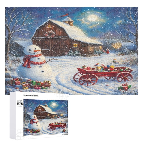 1000 Piece Puzzle Winter Frolic Christmas-themed Barn Scene Puzzle Christmas Holiday on The Farm Merry Christmas Jigsaw Puzzles for Adults Gifts Families Pieces Fit Together Perfectly