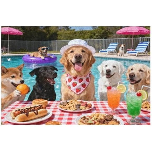 1000 Piece Puzzle for Adults, Summer Dog Pool Party & Food, Large Piece Jigsaw for Seniors, Fun Puppy Puzzle for Women, Family Game Night, 30x20 in