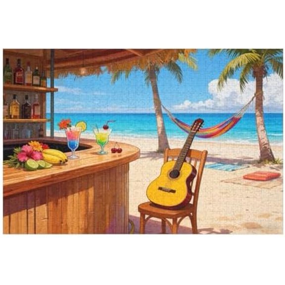 1000 Piece Puzzle for Adults, Vacation Seaside Jigsaw Puzzle, Bar Scene with Beach Chairs, Fun and Challenging Family Puzzle Game, Birthday, 30x20 in