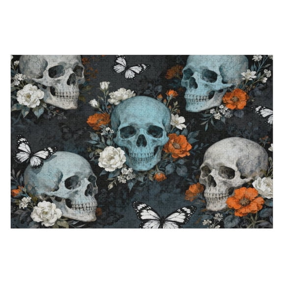 1000 Piece Skull Jigsaw Puzzle for Adults, Vintage Halloween Skeleton with Flowers and Butterflies, Gothic Art Puzzle, Unique Challenging Horror Theme for Adults 30x20 in