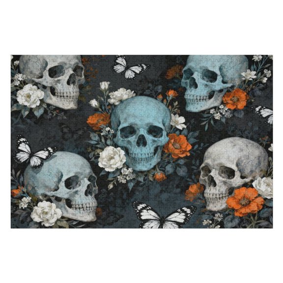 1000 Piece Skull Puzzle for Adults Vintage Halloween Skeleton with Flowers and Butterfly, Challenging Horror Puzzle for Adults, Fun Family Game Night Activity, Home Dcor Gift 30x20 in