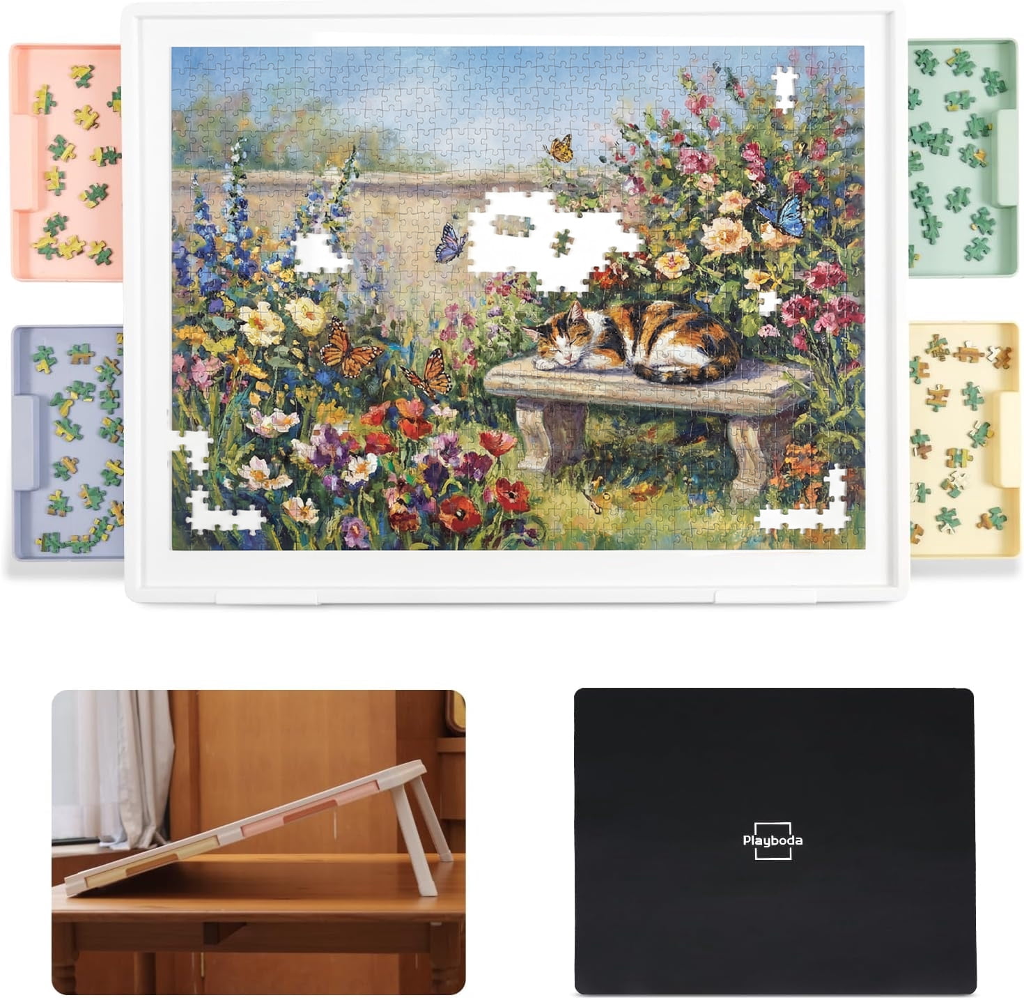 1000-Piece Tilting Puzzle Board (30"x22") with 4 Color Drawers and Protective Mat, Adjustable Puzzle Table with Built-in Stand