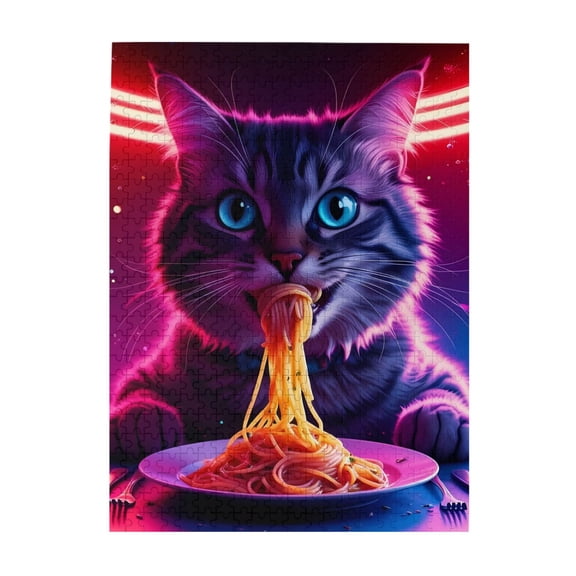 1000 Piece Vibrant Neon Cat Eating Spaghetti Jigsaw Puzzle For Adults Artistic, Funny, Challenging & Relaxing Cognitive Workout, Modern Home Decor, Ideal Gift