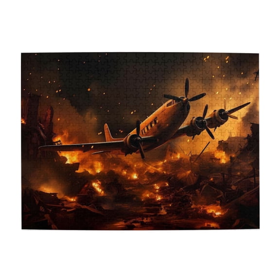 1000 Piece WWII Bomber Plane Jigsaw Puzzle For Adults Vivid Fiery War Scene Art, Challenging Wooden Brain Game, Relaxing Activity, Great Gift