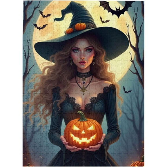 1000 Piece Witch Halloween Jigsaw Puzzle for Adults Spooky Halloween Scene with Witch Pumpkins Bats and Moon Challenging and Fun Adult Puzzle Great Gift Idea