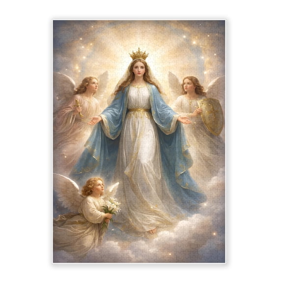 1000-Piece Wood Jigsaw Puzzle, Queen Of Heaven Mary Angels Cross Shield Warm Celestial Light Vintage Art, religious puzzles, jesus puzzles for adults, High-Difficulty Eco-Friendly Indoor Wall Decor
