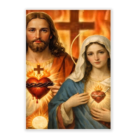 1000-Piece Wood Jigsaw Puzzle, Sacred Heart Of Jesus & Immaculate Heart Of Mary Vintage Catholic Religious Classic Oil Art, High-Difficulty, Family Activity, Home Wall Decor, Eco-Friendly, 29.5×39in