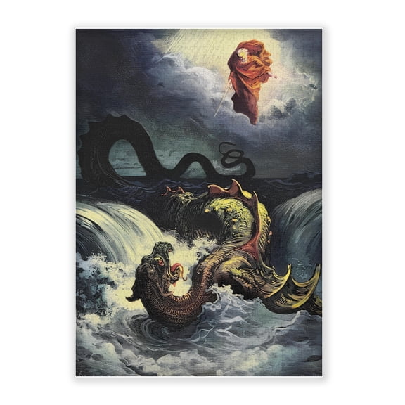 1000-Piece Wood Jigsaw Puzzle, Vintage Biblical Prophet Fight Giant Sea Monster Leviathan Storm Ocean Engraving Art, High-Difficulty, Family Activity, Home Wall Decor, Eco-Friendly, 29.5x19.7in