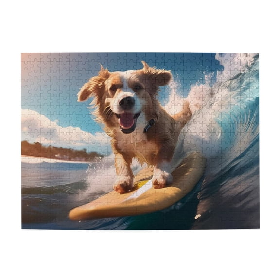 1000-Piece Wooden Jigsaw Puzzle for Adults - Dog Surfing Wave Ocean Sunny , Fun & Relaxing Family Game, No-Dust Interlocking Pieces, Perfect Wall Decor & Holiday Gift