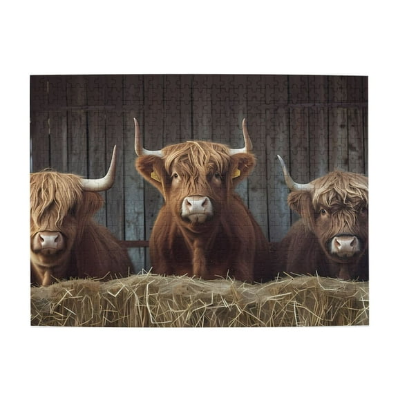 1000-Piece Wooden Jigsaw Puzzle for Adults - Highland Cattle Barn Hay Bales , Fun & Relaxing Family Game, No-Dust Interlocking Pieces, Perfect Wall Decor & Holiday Gift