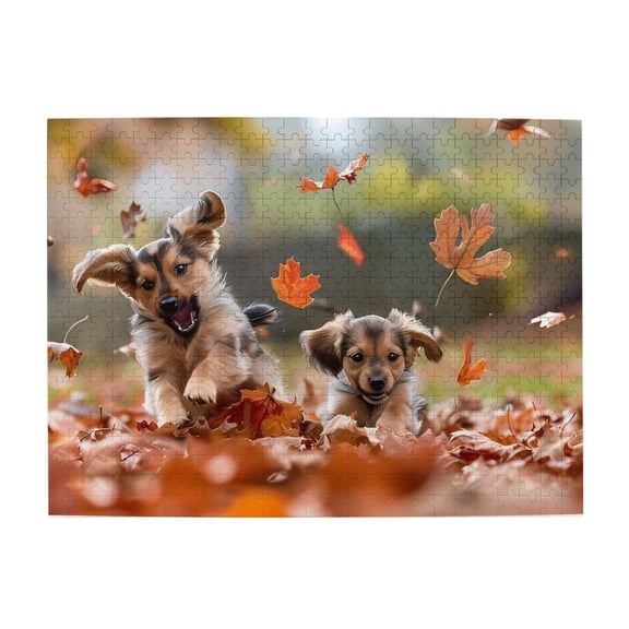1000-Piece Wooden Jigsaw Puzzle for Adults - Puppies Autumn Leaves Playful , Fun & Relaxing Family Game, No-Dust Interlocking Pieces, Perfect Wall Decor & Holiday Gift