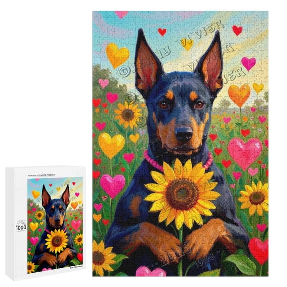 1000 Piece Wooden Jigsaw Puzzle – Doberman with Sunflower – Relaxing Puzzle for Dog Lovers, Ideal Gift for Pet Enthusiasts and Home Décor