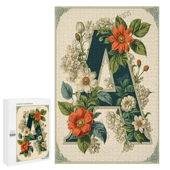 1000 Piece Wooden Jigsaw Puzzle – Flower Letter A Design – Elegant Floral Puzzle for Adults – Calming Puzzle for Relaxation and Home Décor