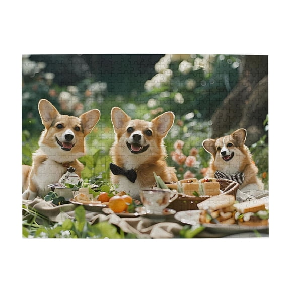 1000-Piece Wooden Jigsaw Puzzle for Adults - Corgis Tea Party Outdoors , Fun & Challenging Brain Teaser, Stylish Home Decor & Unique Gift