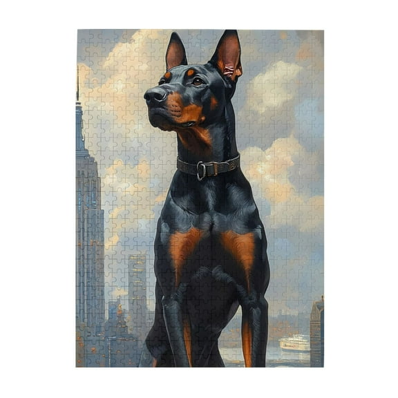 1000-Piece Wooden Jigsaw Puzzle for Adults - Doberman Urban View Skyline , Interlocking Pieces with Guide Letters, Holiday Gift & Home Decor