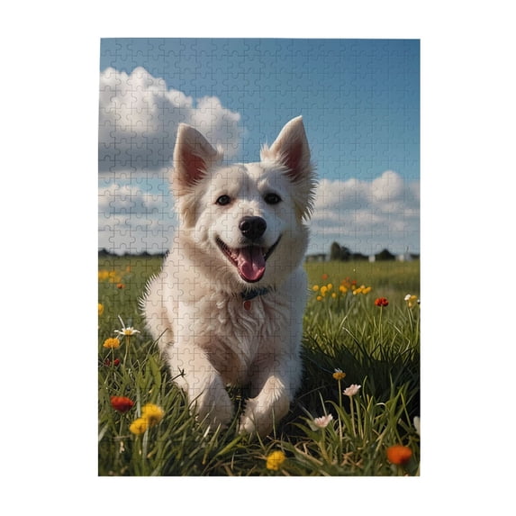 1000-Piece Wooden Jigsaw Puzzle for Adults - Dog Grass Flowers Sky Clouds , Interlocking Pieces with Guide Letters, Holiday Gift & Home Decor