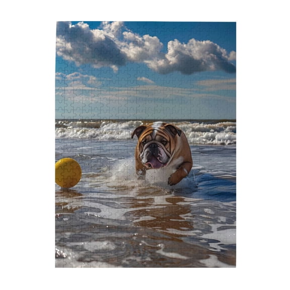 1000-Piece Wooden Jigsaw Puzzle for Adults & Families - Bulldog Beach Ball Sea Waves , Fun & Educational Brain-Teasing Game, Artistic Home Decor