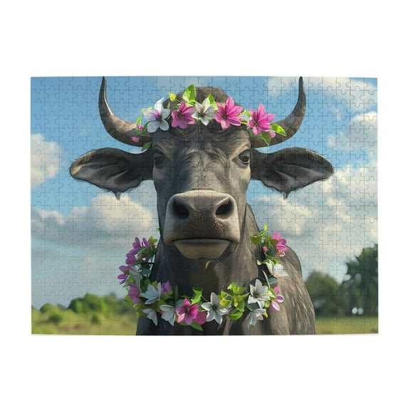 1000-Piece Wooden Jigsaw Puzzle for Adults & Families - Cow With Floral Wreath Horns , Fun & Educational Brain-Teasing Game, Artistic Home Decor
