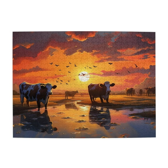 1000-Piece Wooden Jigsaw Puzzle for Adults & Families - Cows Sunset Water Birds Field , Fun & Educational Brain-Teasing Game, Artistic Home Decor