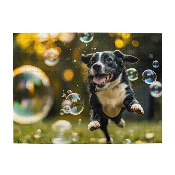 1000-Piece Wooden Jigsaw Puzzle for Adults & Families - Dog Running Bubbles Joyful , Fun & Educational Brain-Teasing Game, Artistic Home Decor