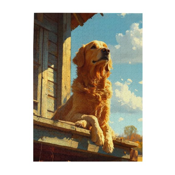 1000-Piece Wooden Jigsaw Puzzle for Adults & Families - Golden Retriever Porches Clouds , Fun & Educational Brain-Teasing Game, Artistic Home Decor