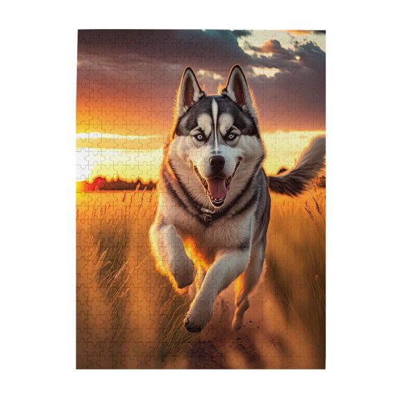1000-Piece Wooden Jigsaw Puzzle for Adults & Families - Husky Running Field Sunset , Fun & Educational Brain-Teasing Game, Artistic Home Decor