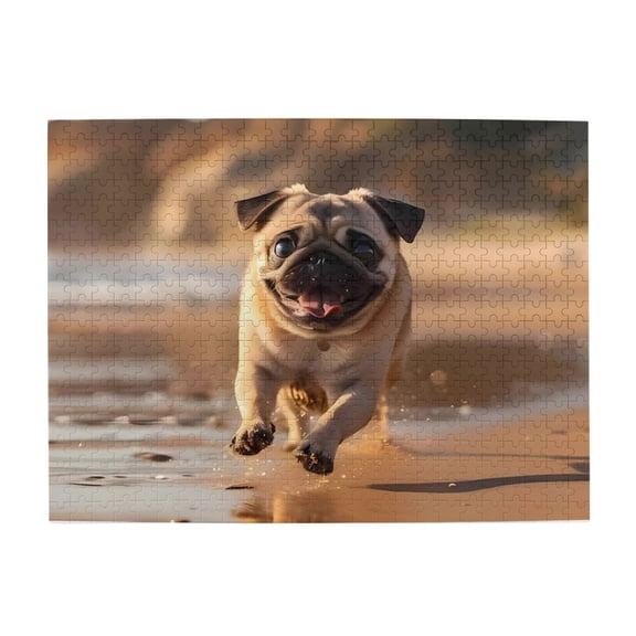 1000-Piece Wooden Jigsaw Puzzle for Adults & Families - Pug Running On Beach , Fun & Educational Brain-Teasing Game, Artistic Home Decor