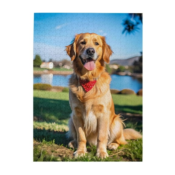 1000-Piece Wooden Jigsaw Puzzle for Adults - Golden Retriever Dog Grass Lake , Interlocking Pieces with Guide Letters, Holiday Gift & Home Decor