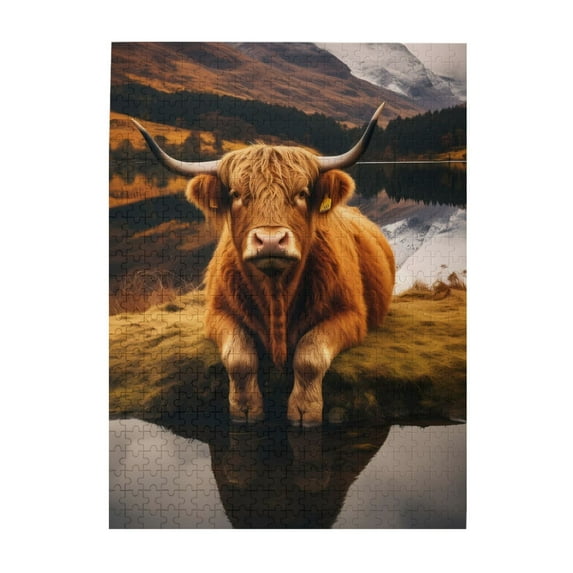 1000-Piece Wooden Jigsaw Puzzle for Adults - Highland Cow Lake Mountains , Interlocking Pieces with Guide Letters, Holiday Gift & Home Decor