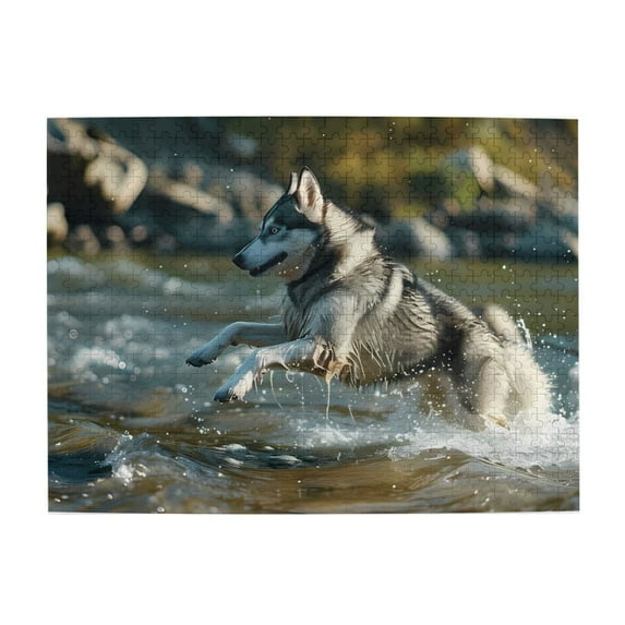 1000-Piece Wooden Jigsaw Puzzle for Adults - Husky Leaping Water Splash , Challenging Family Art Project, Unique Home Wall Decor Gift
