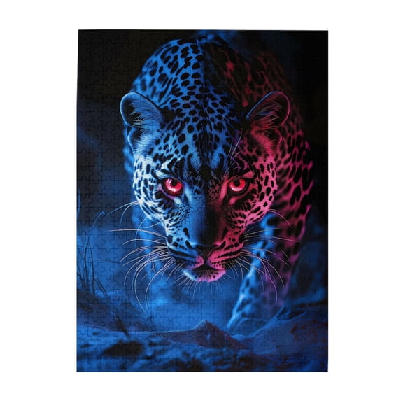 1000-Piece Wooden Jigsaw Puzzle for Adults - Jaguars Neon Blue Pink Red Eyes , Interlocking Pieces with Guide Letters, Holiday Gift & Home Decor